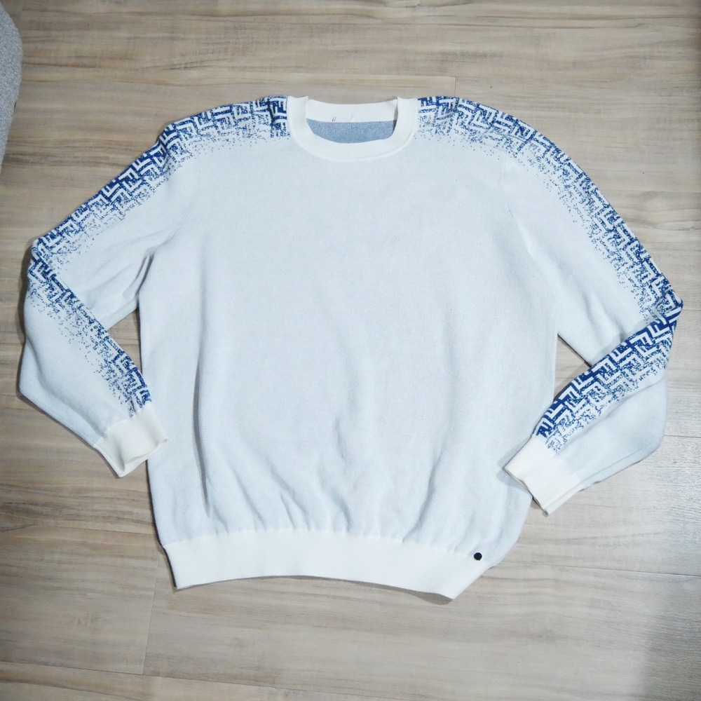Fendi Roma Men White Blue FF Monogram Shoulder Logo Cotton Sweater FZX005 AN3Y56